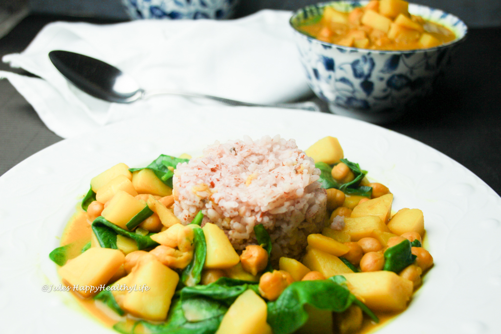Turmeric Chickpea Curry with potato and spinach.