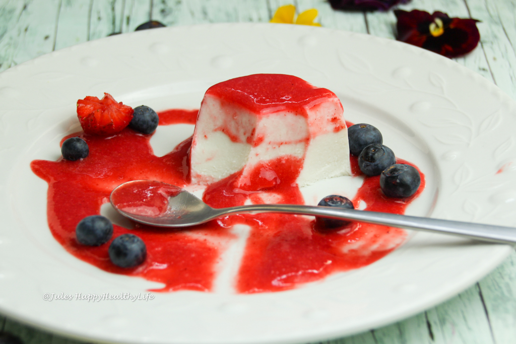 The vegan Coconut Panna Cotta is made with Agar Agar and served with Strawberry Sauce