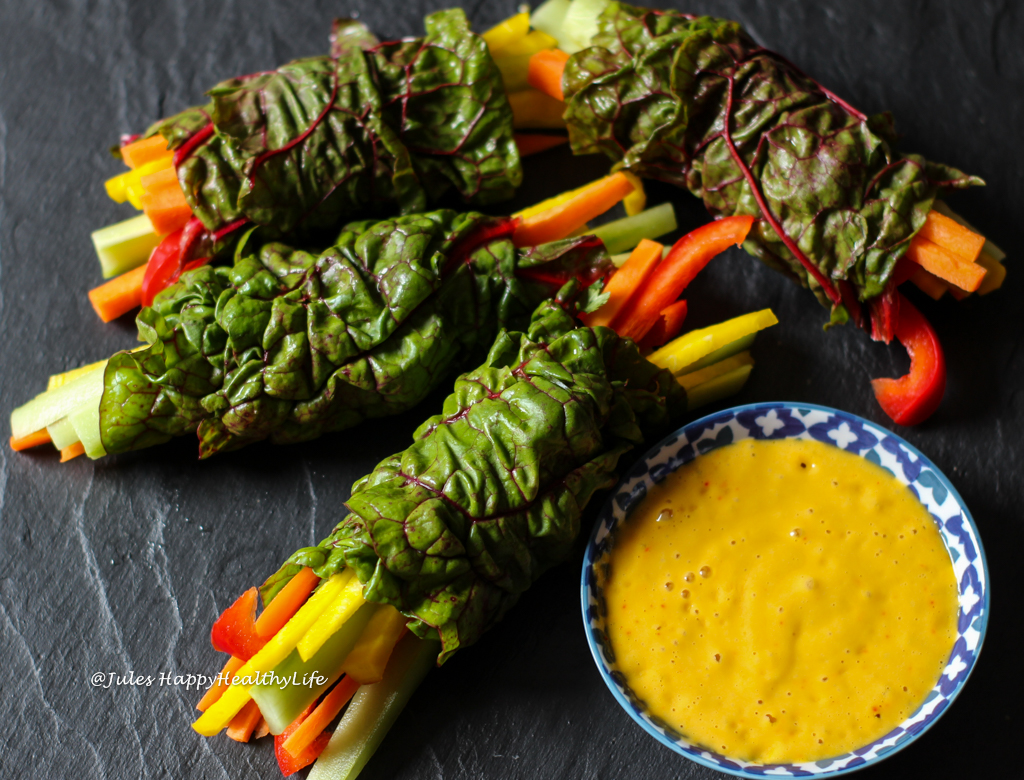 gluten free, vegan appetizer - Raw Chard Wraps with Mango Saffron Dip