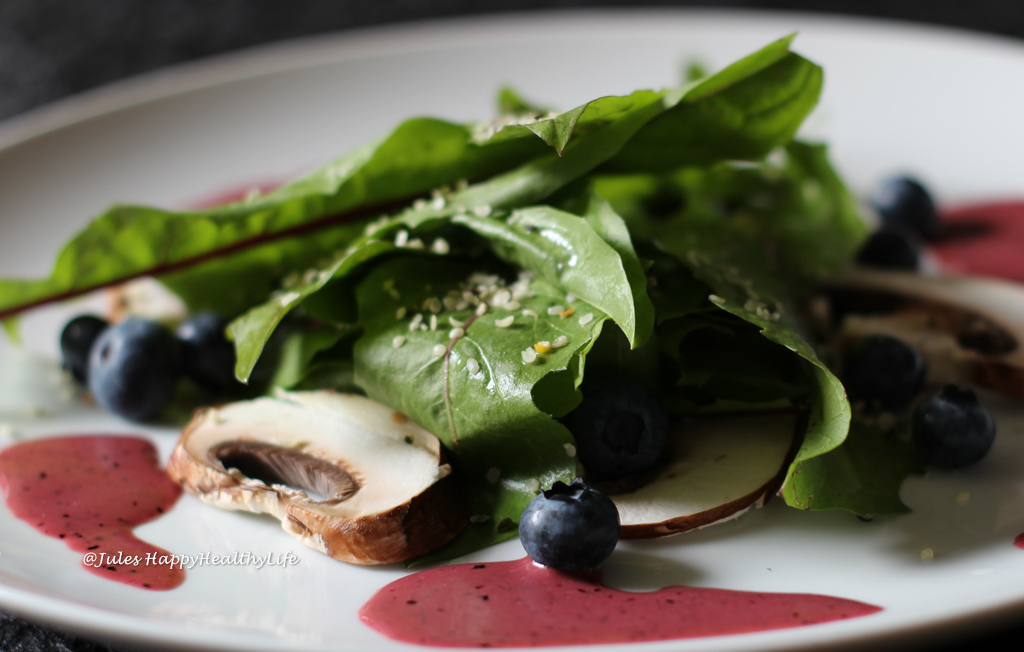 Vegan, gluten free recipe for Dandelion Salad with Blueberry Mustard Dressing