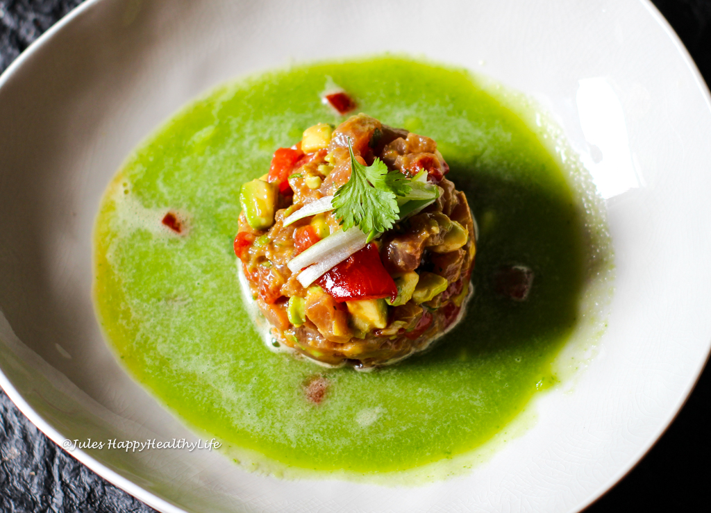 Easy recipe for Tuna Tartar with grilled Watermelon and Cucumber Ginger Broth