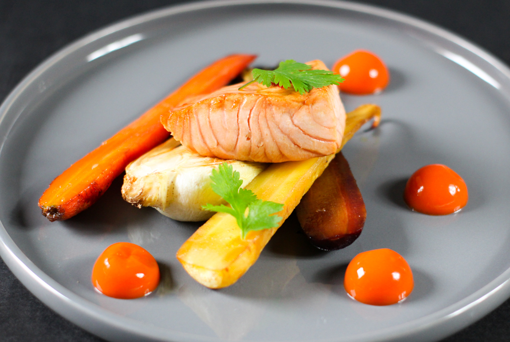 Simple and easy recipe to impress guests - Oven roasted Pak Choy & Carrots with Carrot Ginger Gel and Glazed Salmon