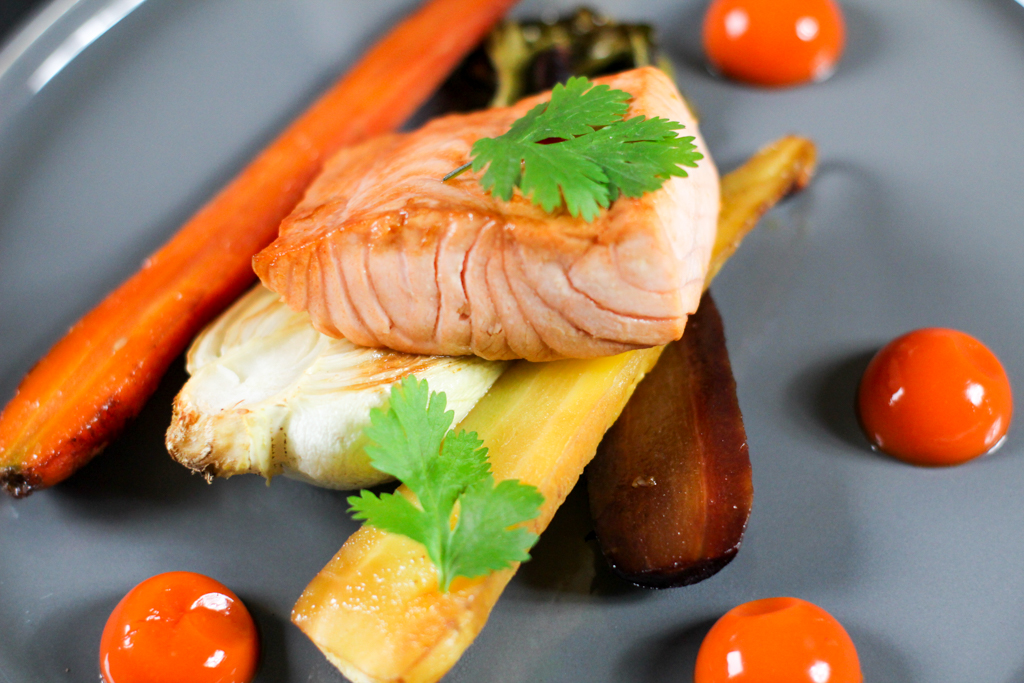 Glazed Salmon with oven roasted Pak Choy & Carrots with Carrot Ginger Gel