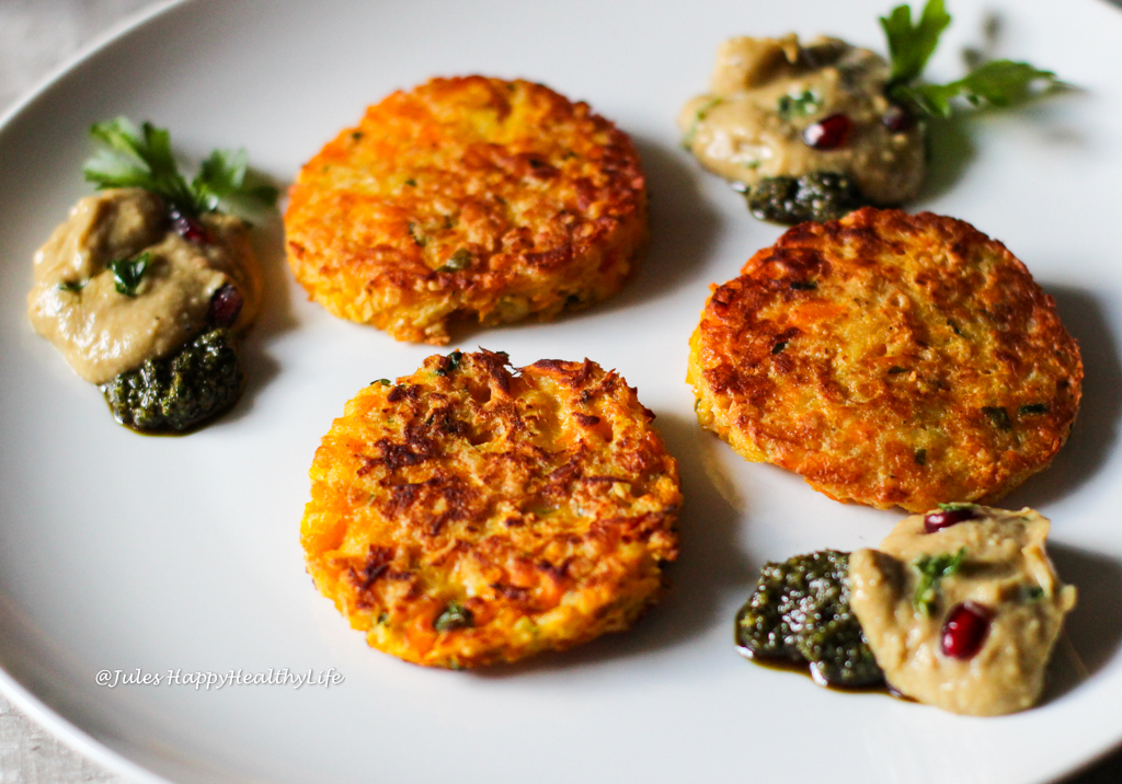 Pumpkin Potato Fritters served with Pumpkin Seed Pesto and Baba Ghanoush