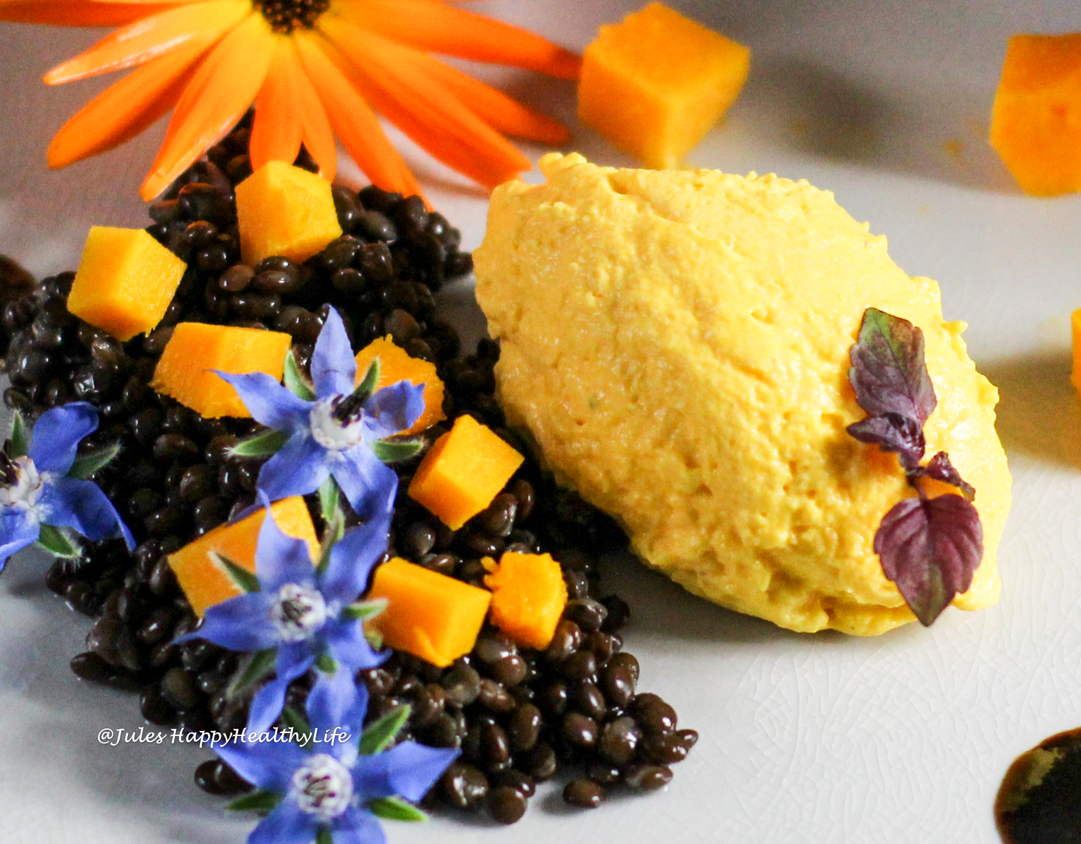 Beluga Lentils with Pumpkin Goat Cream Cheese Mousse - Vegetarian Dish for guests